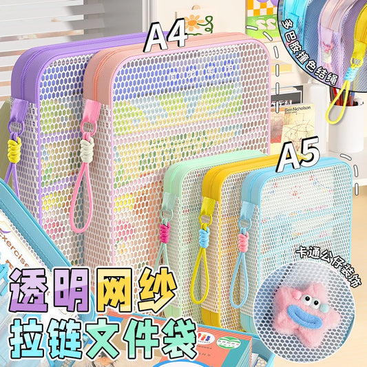 A4 A5 Clear Mesh Zipper Bags with Star Plush Keychain, Student Office Organizer