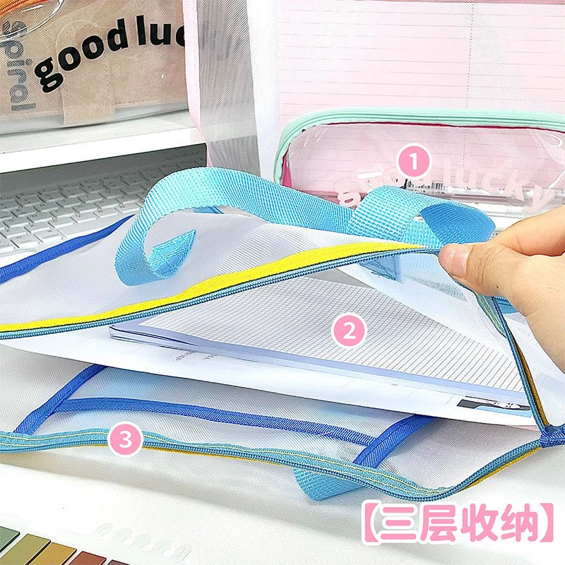 Horizontal Portable Mesh Nylon Document Pouch with Hand Strap